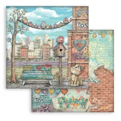 Stamperia 2-seitiges 12x12 Designpapier - Furry Friends 2 - Bench and Nest by Antonis Tzanidakis