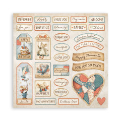 Designpapier mit Vintage-Labels und Mäuse-Motiven in Creme, Blau und Koralle