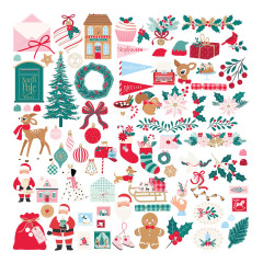 Ausgebreitete Ephemera-Teile mit Rehkitz, Weihnachtsmann, Post- und Geschenk-Motiven