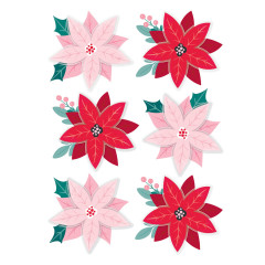 Nahaufnahme des Stickerbogens mit den rot und rosa gehaltenen Weihnachtsstern-Motiven