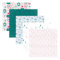 Vier Designpapierbogen mit Rahmen-Motiven, Tannengrün, Winterdorf und Baum-Muster
