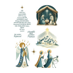 Weitere Rub-On-Motive: Krippenszene unter Sternenhimmel, weihnachtliches Bethlehem und ein singender Engel mit Notenschwarm.
