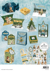 Fertig gebastelte Geschenkboxen aus dem Christmas Forest Stanzpapierblock mit verschiedenen Formen und Labels zum Ausschneiden