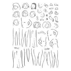 Nahaufnahme des Stempelbogens mit austauschbaren Gesichtern, Frisuren, Beinen und Accessoires für die Illustrated Lady.