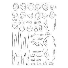 Nahaufnahme des Stempelbogens mit austauschbaren Gesichtern, Frisuren, Mützen, Bart und Beinen für den Illustrated Man.
