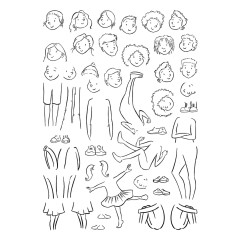 Nahaufnahme des Stempelbogens mit Kindergesichtern, Frisuren, Mütze, Beinen und einer springenden sowie tanzenden Figur.