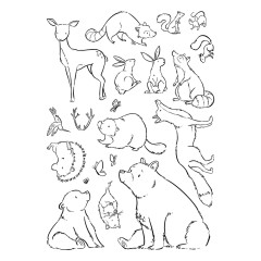 Nahaufnahme des Stempelbogens mit Reh, Waschbär, Eichhörnchen, Hasen, Fuchs, Biber, Igel und Bären.