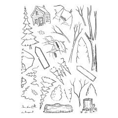 Nahaufnahme des Stempelbogens mit Hütte, Tannen, Felsen, kahlen Bäumen, Baumstumpf und Holzstamm.
