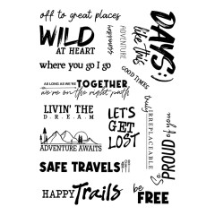 Nahaufnahme des Stempelbogens mit Sprüchen wie 'Wild At Heart', 'Adventure Awaits' und 'Happy Trails'.