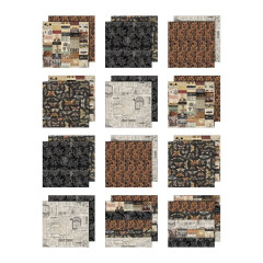 12 Einzelmotive des Paper Pads: Ephemera-Collagen, Spinnennetze, Damastmuster, Schmetterlinge, Damast in Orange und Schwarz