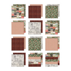 Übersicht aller 12 Papierbögen des Palette Collection Christmas Blocks mit verschiedenen Designs: Stechpalmen, Tartan-Karos, Streifen, Kollage- und Textilmuster