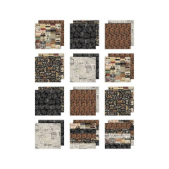 12 Einzelne Papierbögen aus dem Tim Holtz Halloween Paper Pad, beidseitig bedruckt mit verschiedenen Mustern: Ephemera-Collagen, Spinnennetze, Damast, Schmetterlinge und Vintage-Designs