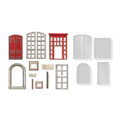 Alle 22 Teile des Christmas Baseboards Sets einzeln dargestellt: rote und weiße Fenster-Baseboards, Türrahmen, Bogenrahmen, Transparenty-Quadrate mit Gittermuster und kleine Holz-Elemente
