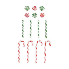 Alle 14 Stück Tim Holtz Christmas Confections: 6 Lollipops, 4 gestreifte Zuckerstangen in Grün-Weiß und 4 rote Zuckerstangen