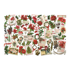 Alle 83 Papierelemente des Christmas Botanical Sets ausgelegt: rote Poinsettien, Blätter, Vintage-Postkarten, Zahlen, Glöckchen und Schriftzüge