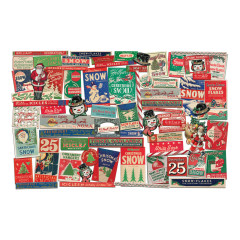 73 ausgestanzte Vintage-Papierelemente mit Weihnachtsmotiven wie Schneemänner, Weihnachtsmänner, Schneeflöckchen und klassischen Retro-Verpackungsdesigns