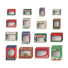 16 verschiedene Window Boxes Christmas Designs: Weihnachtskugeln, Lametta, Christbaumschmuck, Vintage-Verpackungen in Rot, Grün und Blau