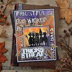 Handgemachte Halloween-Karte mit Tim Holtz Stempeln und Schablonenmotiven in Lila und Orange