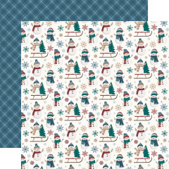 Winterliches Scrapbook-Papier mit Schneemann-Motiven auf Weiß und blau karierter Rückseite