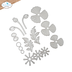 Foto des Stanzformen-Sets mit drei Mohnblüten in unterschiedlichen Größen, Knospen, Blättern und Samenkapseln.