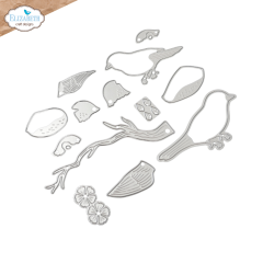 Foto des Stanzformen-Sets mit zwei Spatzen, Ast, Blüten, Blättern und Flügel-Teilen.