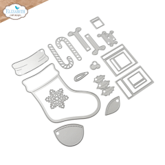 18 dünne Metallstanzschablonen des Sets Stocking mit Strumpf, Schneeflocke, Zuckerstange und Geschenkboxen