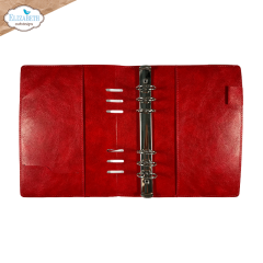 Geöffneter roter Memory Binder mit Metallringbindung und Innenfächern