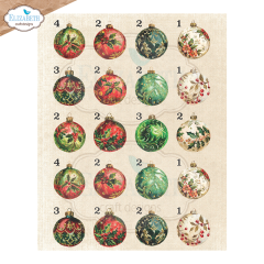 Ephemera Bogen mit nummerierten Christbaumkugeln in verschiedenen Farben und Mustern