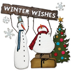 Fertig gestaltete Winterszene mit Schneemännern und Geschenken aus dem Sizzix Set