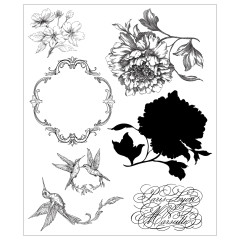 Schwarzweiß-Abbildung aller sieben Stempelmotive: Blütenzweige, Rahmen, Kolibris, Pfingstrose, Blüten-Silhouette und Schriftzug