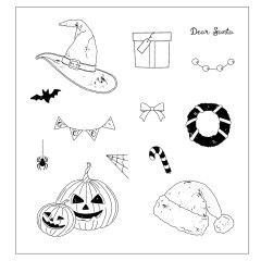 Stempelbogen mit Hexenhut, Geschenk, „Dear Santa"-Schriftzug, Perlengirlande, Fledermaus, Kranz und Kürbissen.