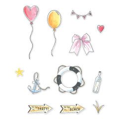 Kolorierte Motive des Sets: Herzballon, Ballon, Wimpelkette, Schleife, Seestern, Anker, Rettungsring, Flaschenpost, Schilder