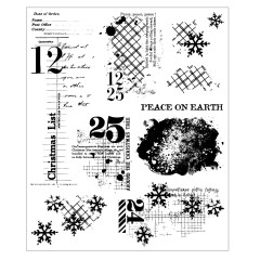 Stempelbogen mit Christmas-List-Text, Datum 12/25, Schneeflocken, Karomuster und Tintenfleck.