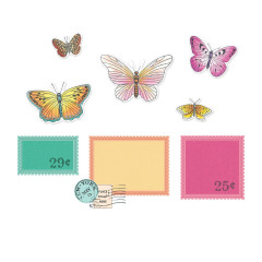 Gestempelte Schmetterlinge in Gelb, Orange und Pink sowie Briefmarken-Rahmen in Türkis, Orange und Pink