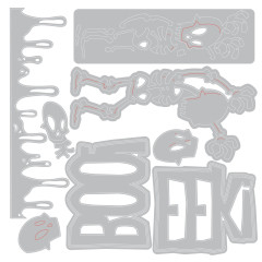 Grafische Darstellung der Stanzformen für Skelett, Totenkopf, Blutstropfen und die Wörter „BOO!" und „EEK!".