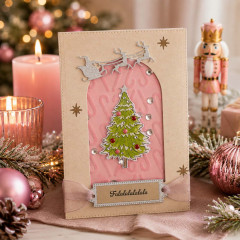 Weihnachtskarte mit rosa geprägtem Zuckerstangen-Hintergrund, Tannenbaum und Schlitten-Motiv