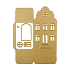 Goldene Stanzschablonen für 3D-Häuschen mit Glockengiebel, Fenstern, Tür und Treppe