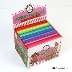 Geöffnete Box des Art By Marlene Adventskalenders 2026 mit 25 nummerierten Kärtchen in Regenbogenfarben