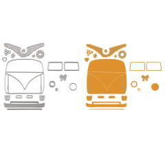 Übersicht aller 21 Stanzschablonen in Silber und orangefarbene Darstellung der ausgestanzten Bus-Teile