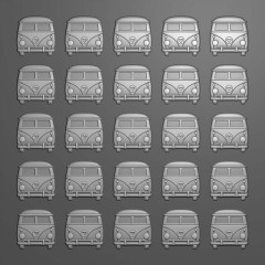 Prägefolder Nahaufnahme mit 25 geprägten Hippie-Bussen in grauem Kunststoff