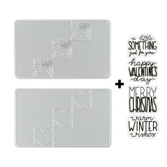 Metall-Stanzschablonen und transparente Silikonstempel mit Motiven für Winter und Valentinstag im Detail.