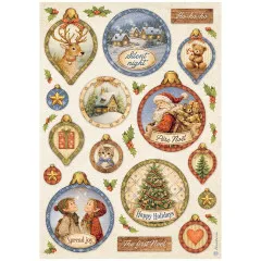 Weihnachtsschmuck-Motive: Hirsch, Dorf, Teddy, Häuschen und Elfenkinder.