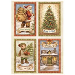 4-Karten-Raster mit Weihnachtsgrüßen wie 'Season's Greetings' und 'Merry and Bright'.
