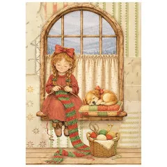 Mädchen strickt einen Schal am Fenster, schlafender Welpe daneben.