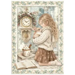 Mädchen mit Kaninchen neben antiker Standuhr.