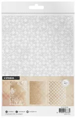 Geprägter weißer Acetat-Bogen mit Karo-Schneeflocken-Muster sowie Vorschau der 3 weiß bedruckten Designs (Winterlandschaft, Schneeflocken, Karo).