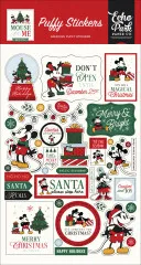 Puffy Stickers mit Mickey-Maus, Schneeglobe, Weihnachtsgeschenken und festlichen Texten zum Aufkleben