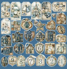 Ausgeschnittene Geschenkanhänger mit Adventszahlen und winterlichen Motiven