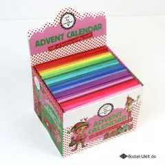 Geöffnete Box des Art By Marlene Adventskalenders 2026 mit 25 nummerierten Kärtchen in Regenbogenfarben