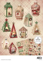 Übersicht aller 10 vorgestanzten Weihnachtslaternen des Sets in verschiedenen Formen mit Häuschen, Tannenbäumen, sechseckigen Laternen sowie Labels und Dekoelementen